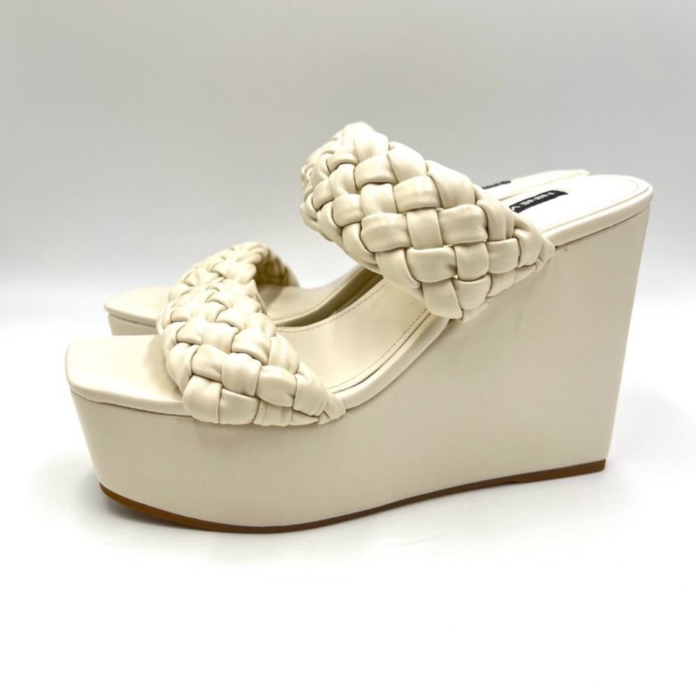 Nine West Womens Nessie 3 Cream Faux Leather Braided Platform Wedge Sandal 8.5